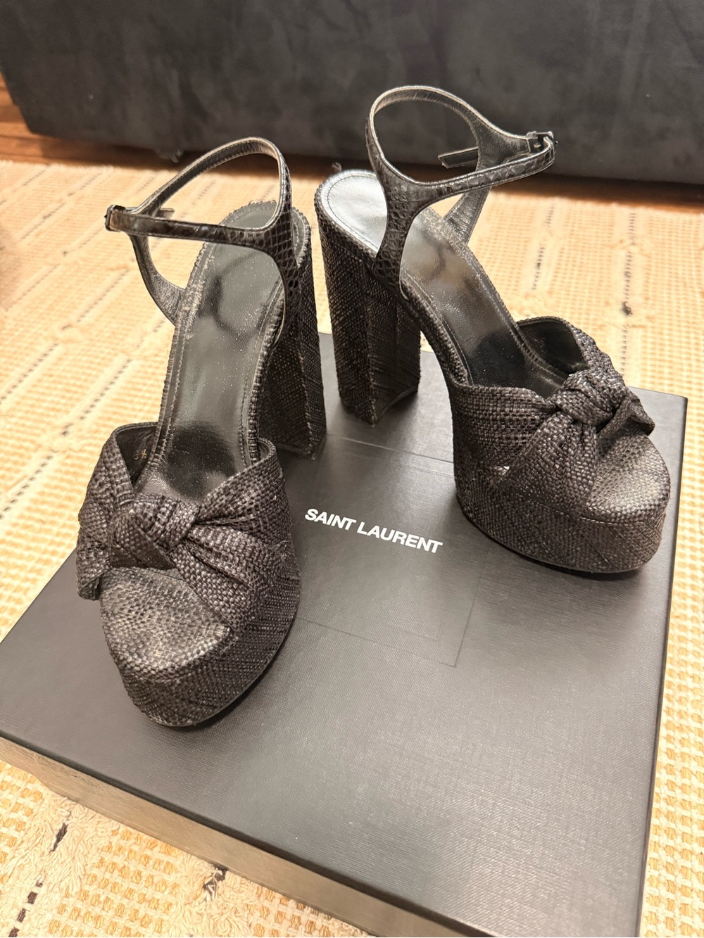 Saint Laurent Black Woven Knotted Platform Heels